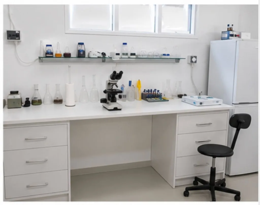 Laboratory bench with microscope and culture flasks